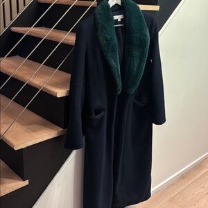 Marina Moscone Blue Coat with Green Faux Fur Collar